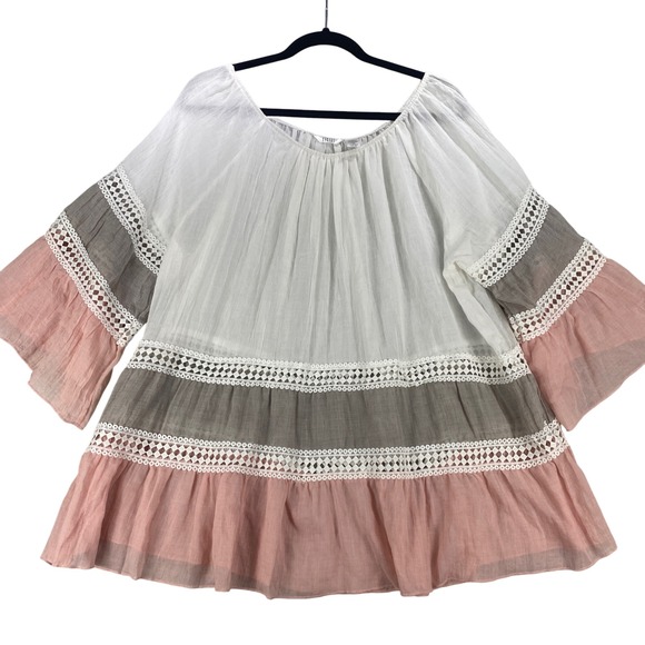 Kaktus Womens XXL White Pink Bell Sleeve Crochet Trim Tunic Top Boho Festival - Picture 1 of 8